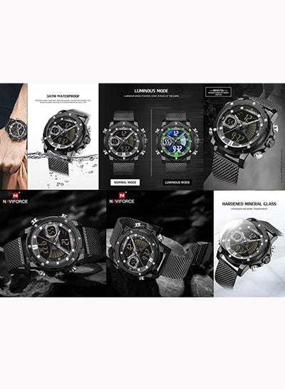 ساعة يد رجالية ستانلس ستيل أنالوج ورقمية NF9172S B/GY/B - 45 ملم - أسود