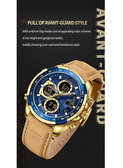 Mens Digital Analog Watch Waterproof Sport Leather Band Watch with Alarm Dual Display Date Wristwatch NF9197
