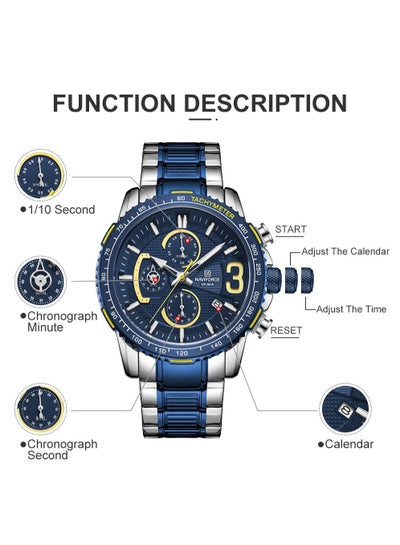 NAVIFORCE 8017 SCE Luxury Brand Business Watches for Men Sports Quartz Chronograph 3ATM Waterproof Stainless Steel Wrist watch - Blue/Silver