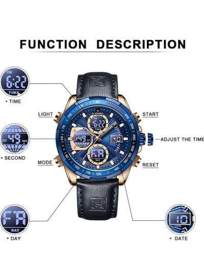 Mens Digital Analog Watch Waterproof Sport Leather Band Watch with Alarm Dual Display Date Wristwatch NF9197