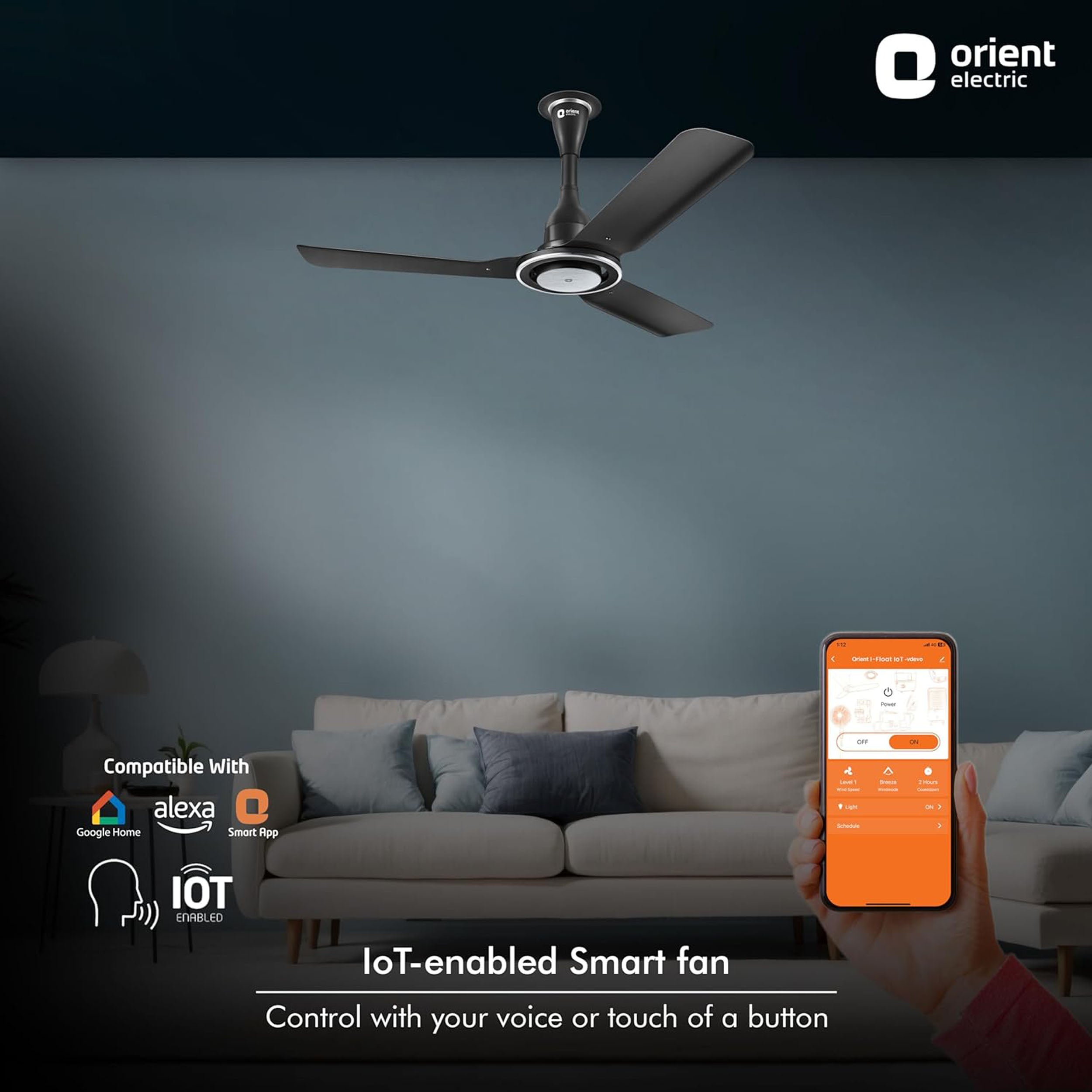 مروحة سقف ذكية Orient Electric I-Float BLDC IOT مع جهاز تحكم عن بعد (لون كوزموس أسود، قطر المروحة 1200 مم)