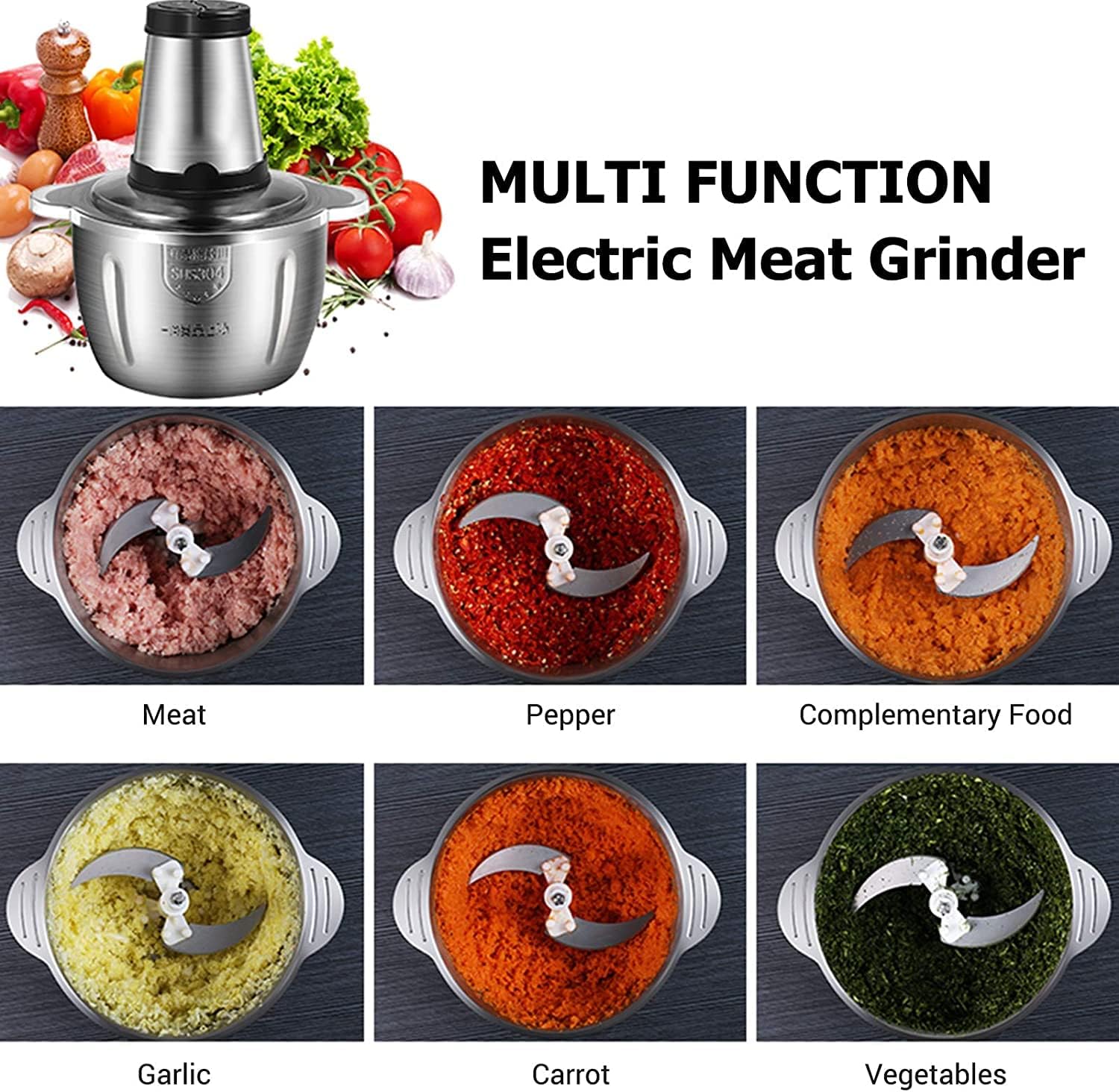 e WORLD Meat Grinder, Food Blender & Meat Mincer - 3L Stainless Food Processor Chopper For Vegetables, Fruits and Nuts Automatic Electric Mincing Machine Household Or Commercial