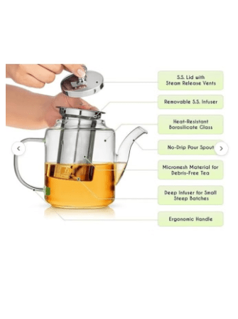 Glass Teapot  with Infuser for Loose Tea - 1800ml Stove Top Safe Borosilicate Clear Glass Tea Pot ZH-1800