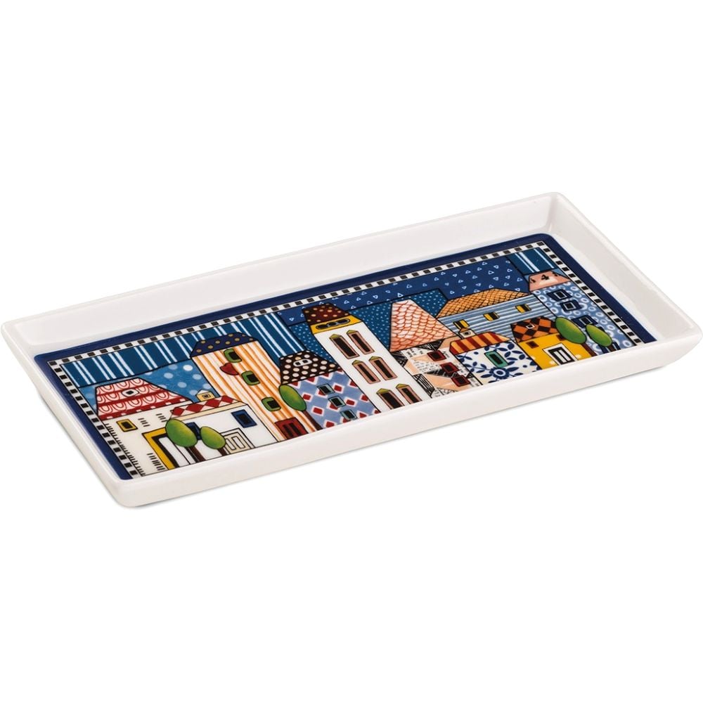 Egan Paese Mio Rectangular Serving Tray 19x9cm – New Bone China Italian Village Design, Decorative Handwash Tray for Snacks, Appetizers, Desserts, Chocolates, and Nuts (Blue)