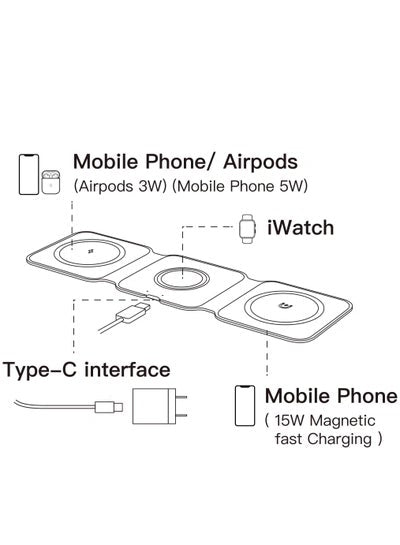 WC-100 3-in-1 Magnetic 15W Fast Wireless Charger, Charges multiple devices with Compact foldable design and Over-current protection