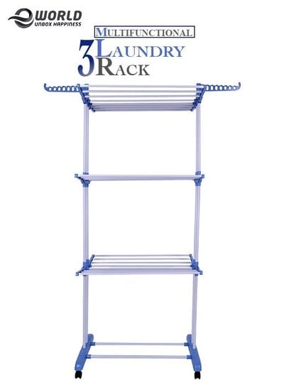 3 Tier Adjustable Clothing Drying Rack Organiser Height Freestanding with Wheel Castors For Organising Wardrobe