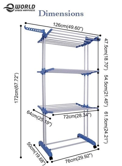 3 Tier Adjustable Clothing Drying Rack Organiser Height Freestanding with Wheel Castors For Organising Wardrobe