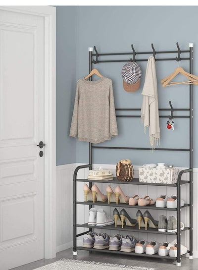 4 Tier Home Entryway Furniture Shelf Multipurpose Shoe and Coat Stand Clothes Rack Storage Organiser Multiple Hooks for Hanging Bags