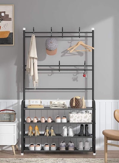 4 Tier Home Entryway Furniture Shelf Multipurpose Shoe and Coat Stand Clothes Rack Storage Organiser Multiple Hooks for Hanging Bags