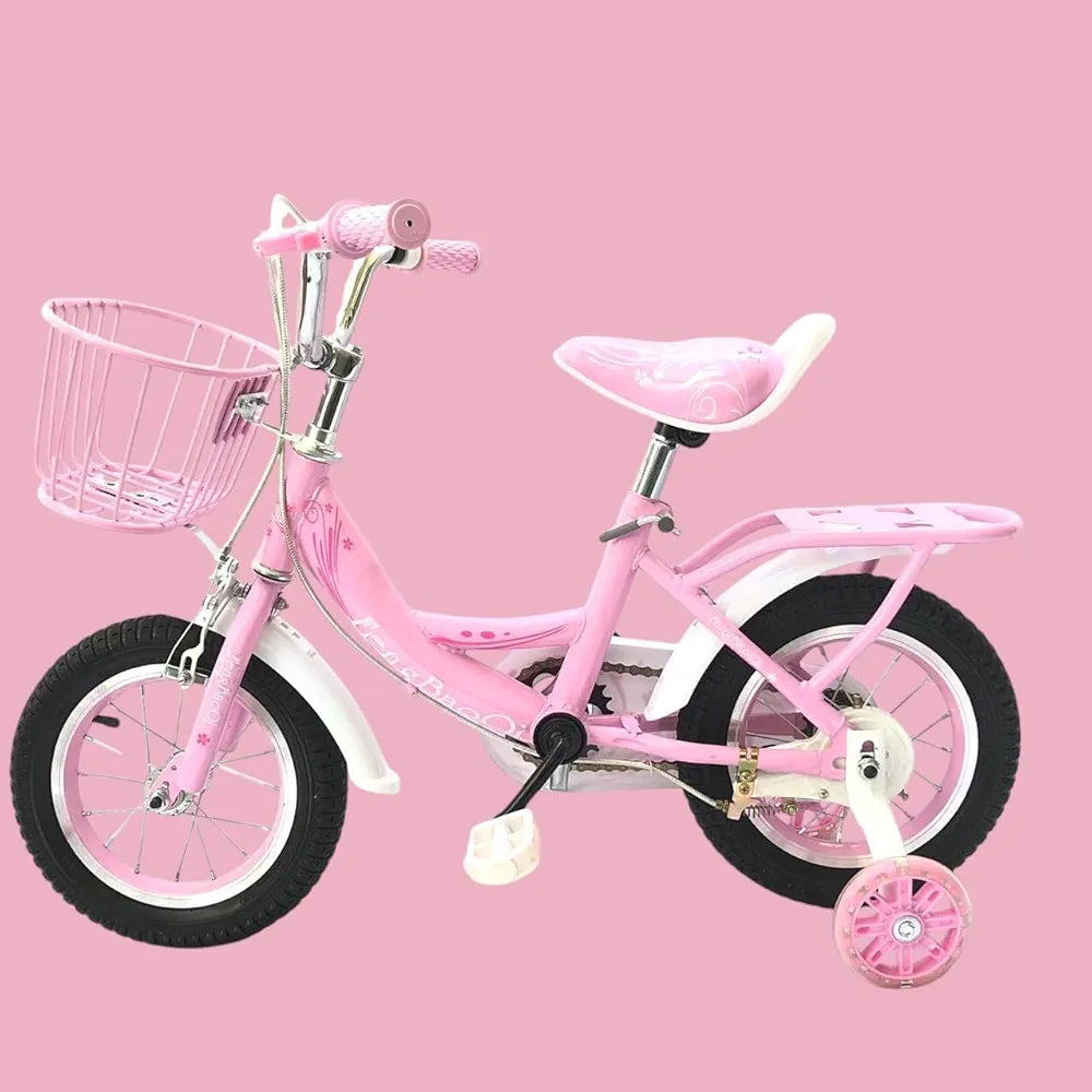 12-Inch Girls Kids Bicycle with Training Wheels, LED Lights, Basket & Horn – Pink