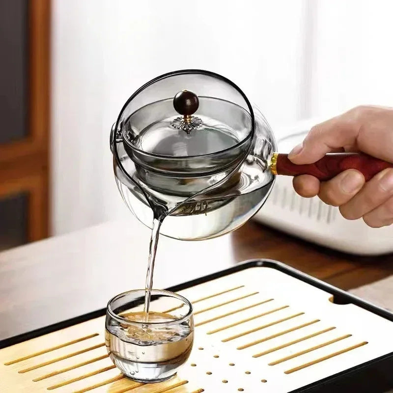 Semi-automatic Rotary Heat-resistant Glass Teapot Lazy Tea Making With Infuser And Wooden Handle Office Home Accessories Kitchen Gadgets - EMALL