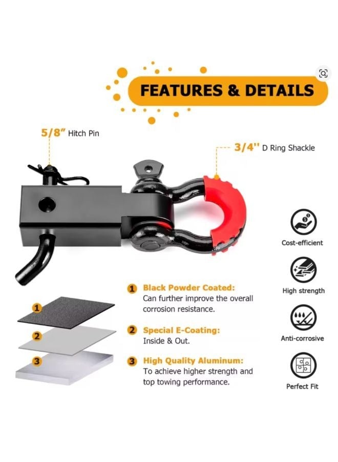Trailer Hitch Receiver with 2" Tow Shackle, Heavy Duty, 3/4" D-Ring Recovery Truck SUV