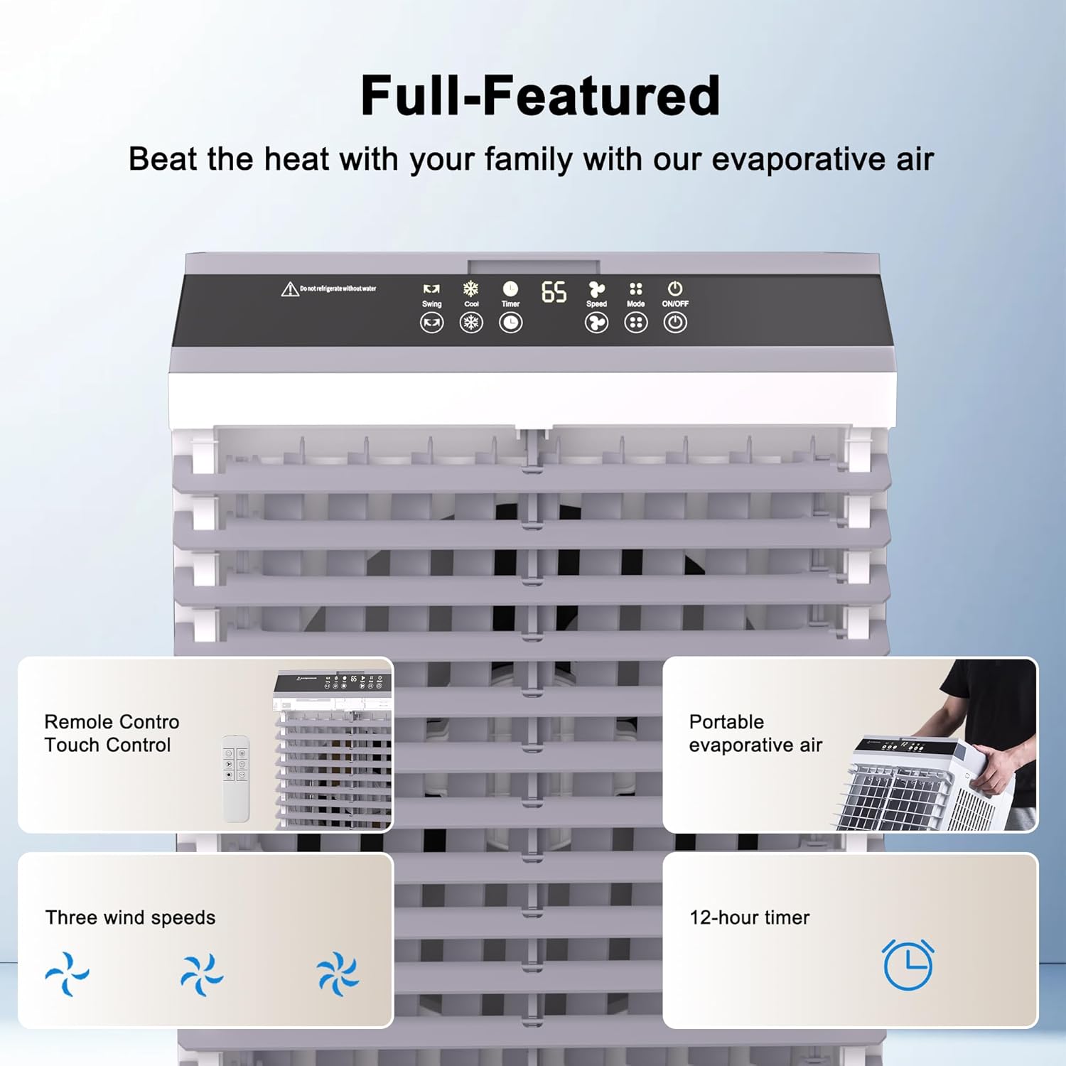 YEW 32" Swamp Cooler Air Conditioner,1800 CFM Portable Evaporative Air Cooler,Cooling Fan for Room Garage Patio,5.3 Gal Water Tank,3 Speeds,6 Ice Boxes,12H Timer,Remote,Grey