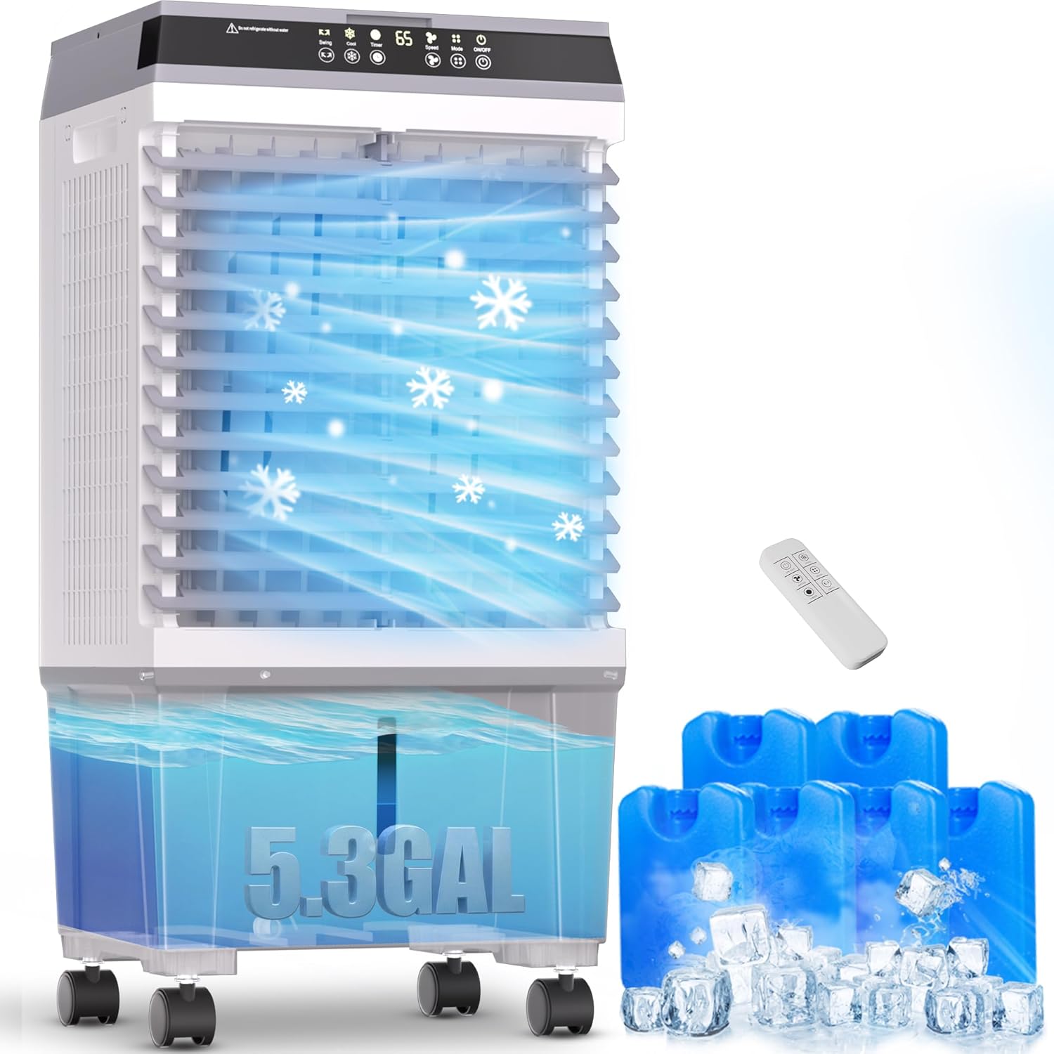 YEW 32" Swamp Cooler Air Conditioner,1800 CFM Portable Evaporative Air Cooler,Cooling Fan for Room Garage Patio,5.3 Gal Water Tank,3 Speeds,6 Ice Boxes,12H Timer,Remote,Grey