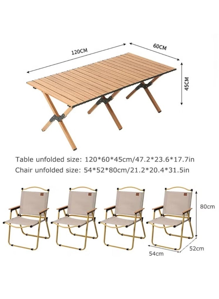 Camping Outdoor Set with Foldable 4 Pieces Chair and Aluminum Roll Up  Foldable 120*60cm Table with Carrying Bag Lightweight Suitable for Outdoor Activities