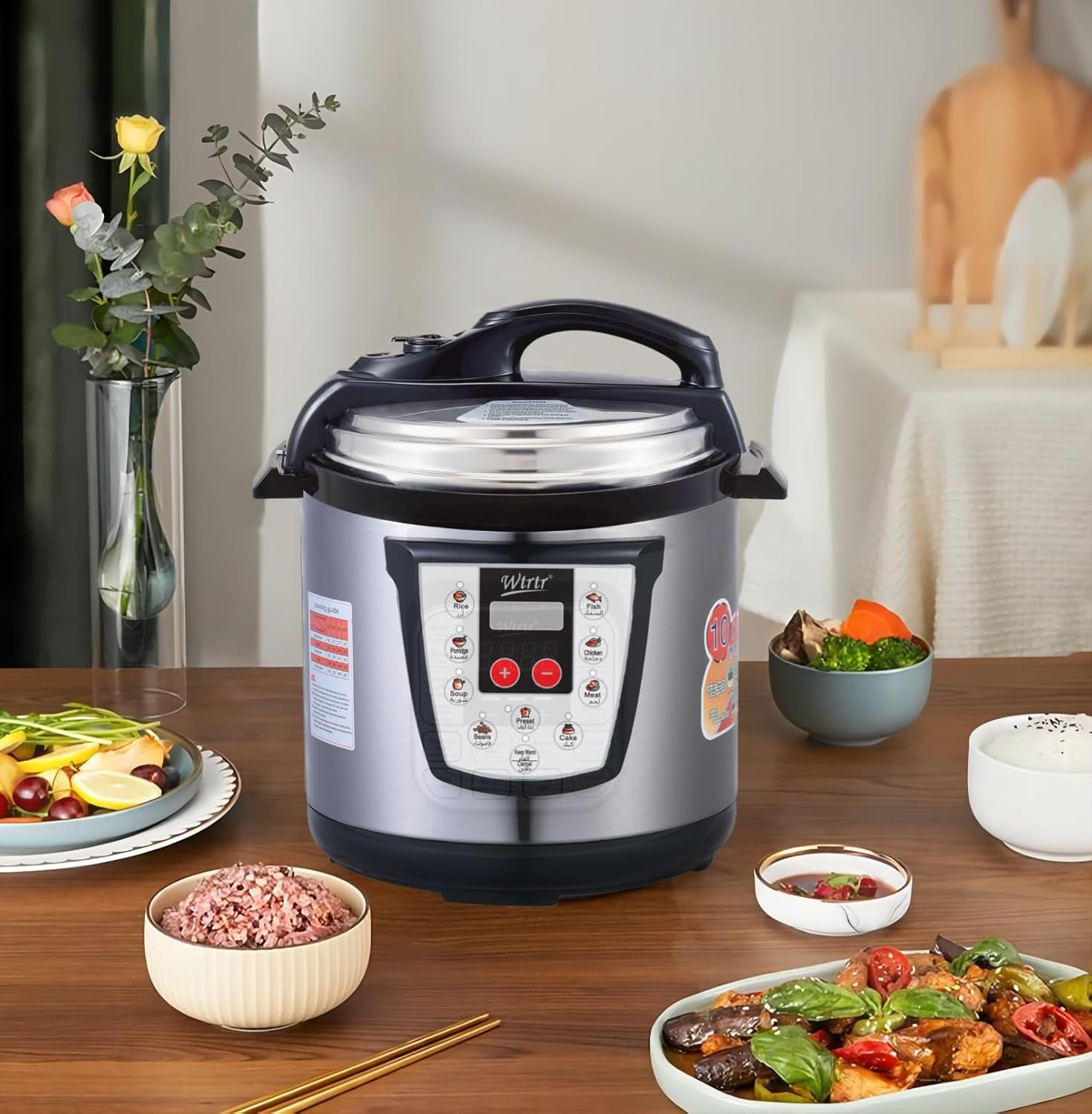 6 L stainless steel electric pressure cooker, 1000W,Slow, Rice Cooker, Yogurt, Cake Maker,Steamer and Warmer, Silver.egg cooker,(1-Year Warranty) WTR-6003-Steel