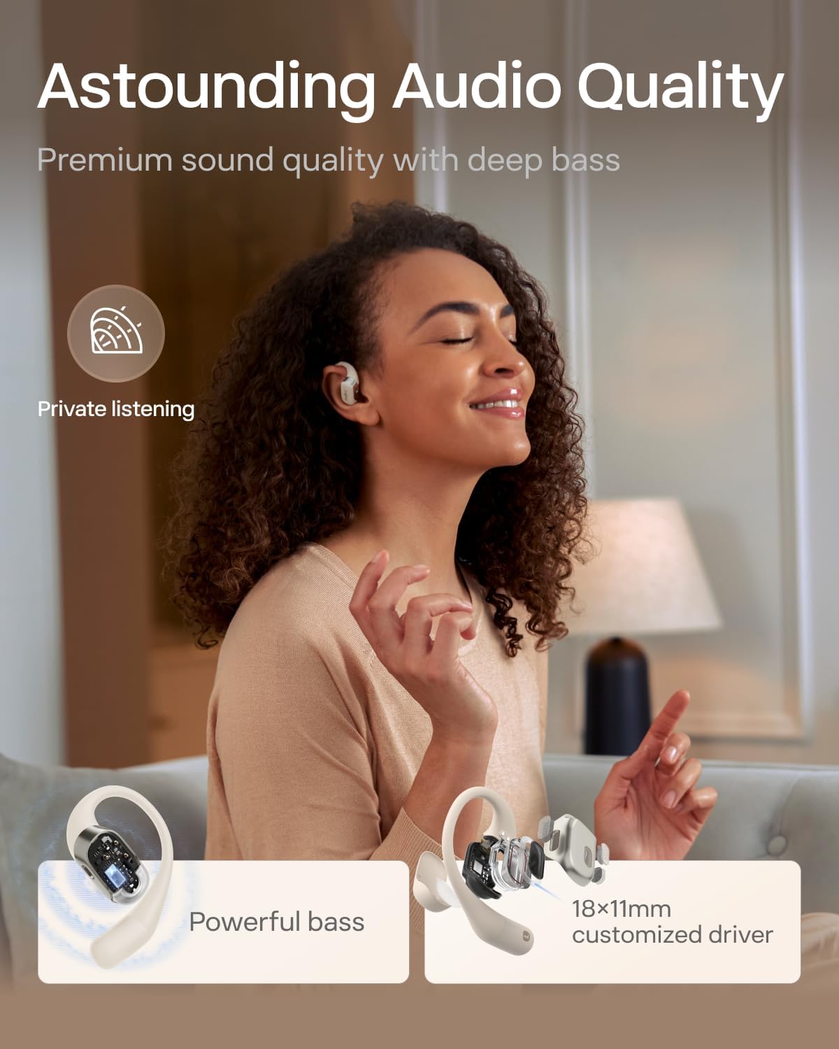 SHOKZ OpenFit Open-Ear True Wireless Bluetooth Headphones with Microphone, Earbuds with Earhooks, Sweat Resistant, Fast Charging, 28HRS Playtime (Beige)