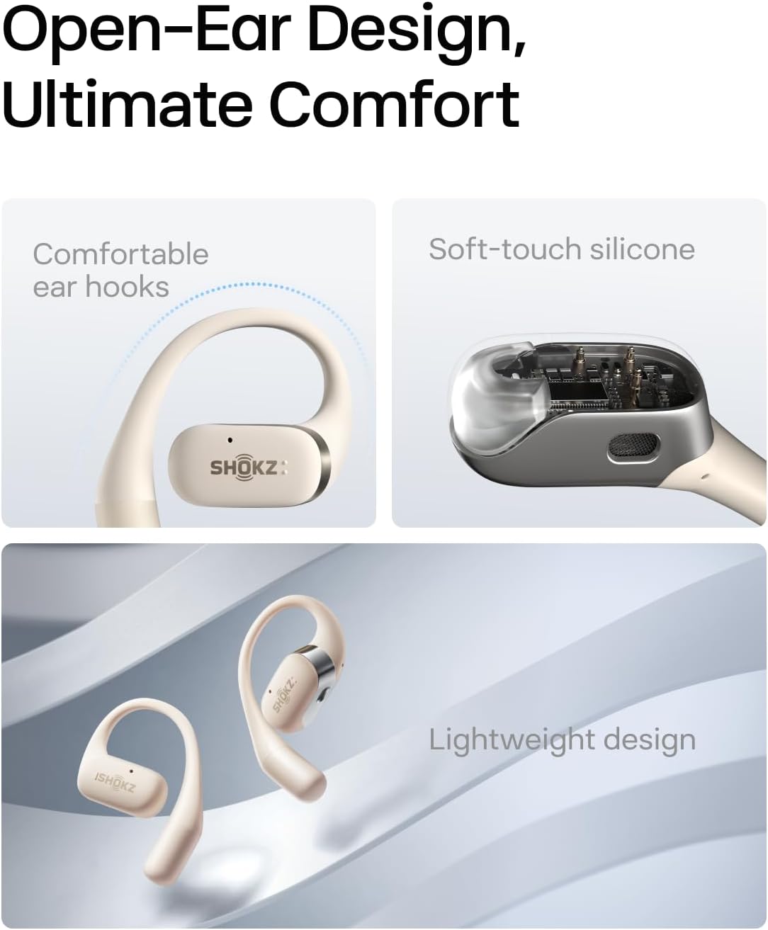 SHOKZ OpenFit Open-Ear True Wireless Bluetooth Headphones with Microphone, Earbuds with Earhooks, Sweat Resistant, Fast Charging, 28HRS Playtime (Beige)