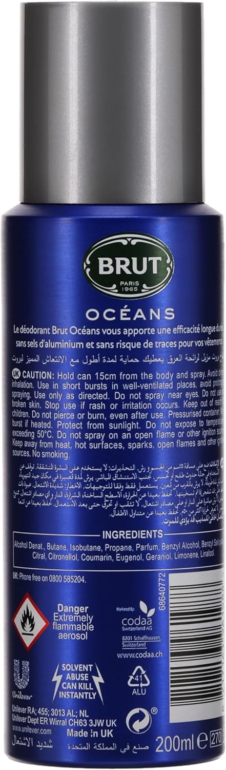 Brut OCEANS Long Lasting Fresh Active Odour Protection Signature Scented Body Deodorant Spray for Men - 200 ML