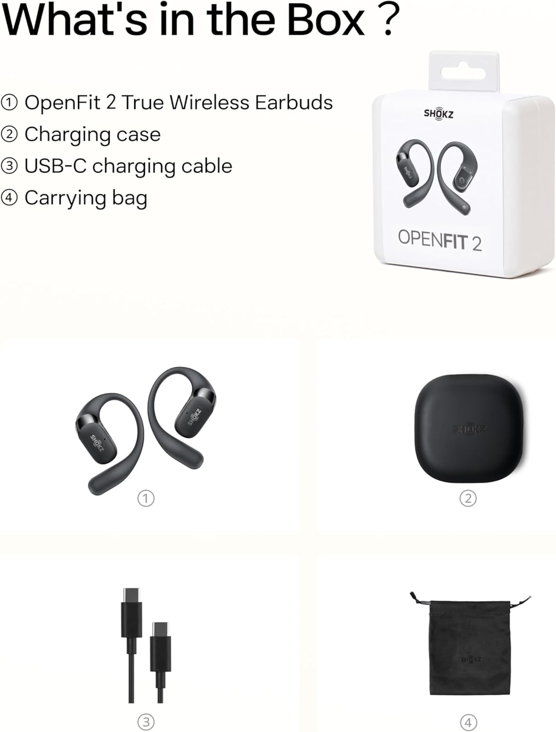 SHOKZ OpenFit 2 Open-Ear Headphones, True Wireless Bluetooth Earphones with Microphone, Earhook Earbuds with 48 Hours of Playtime, USB-C Fast Charging, IP55 Water-Resistant, with Carrying bag, Black