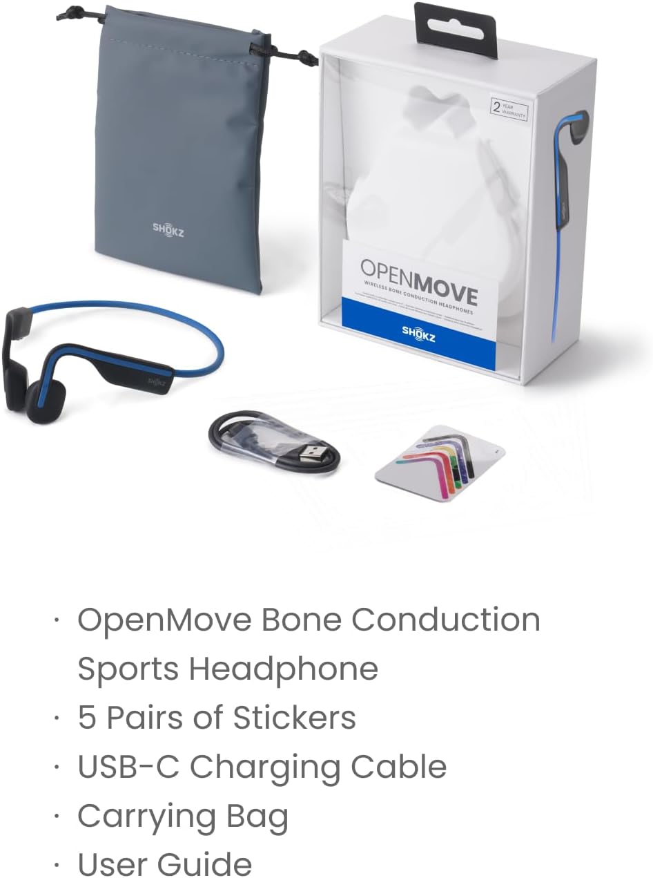 SHOKZ OpenMove Bone Conduction Headphones, Open-Ear Bluetooth Sports Earphones with Mic, IP55 Waterproof Wireless Headset for Running and Workout, 6H Playtime, Blue, with Stickers