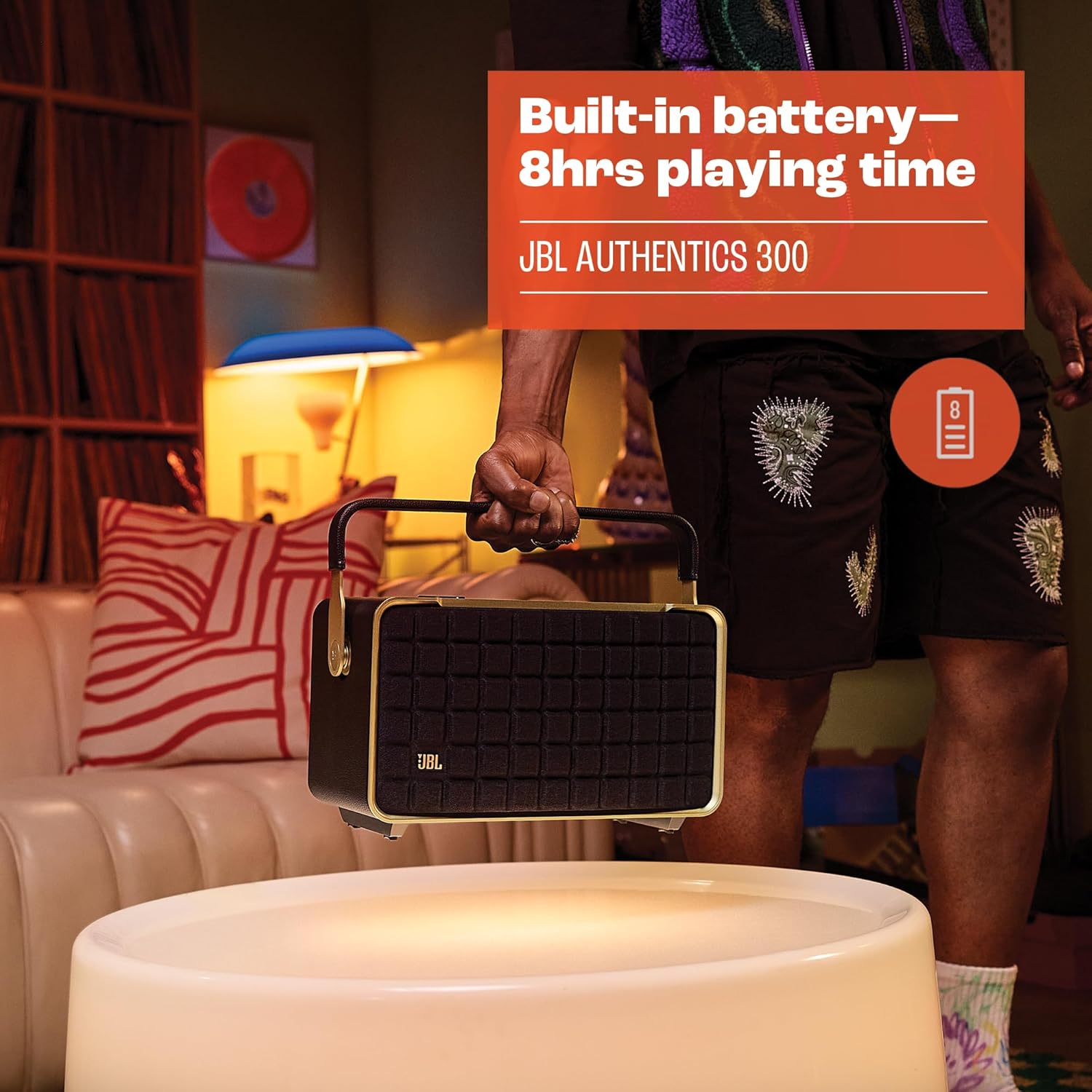 JBL Authentics 300 - Retro Style Wireless Bluetooth/WiFi Home Speaker, Built in Battery (4800mAh), Music Streaming Services via Built-in Wi-Fi, Built in Alexa and Google Assistant (White/Gold)