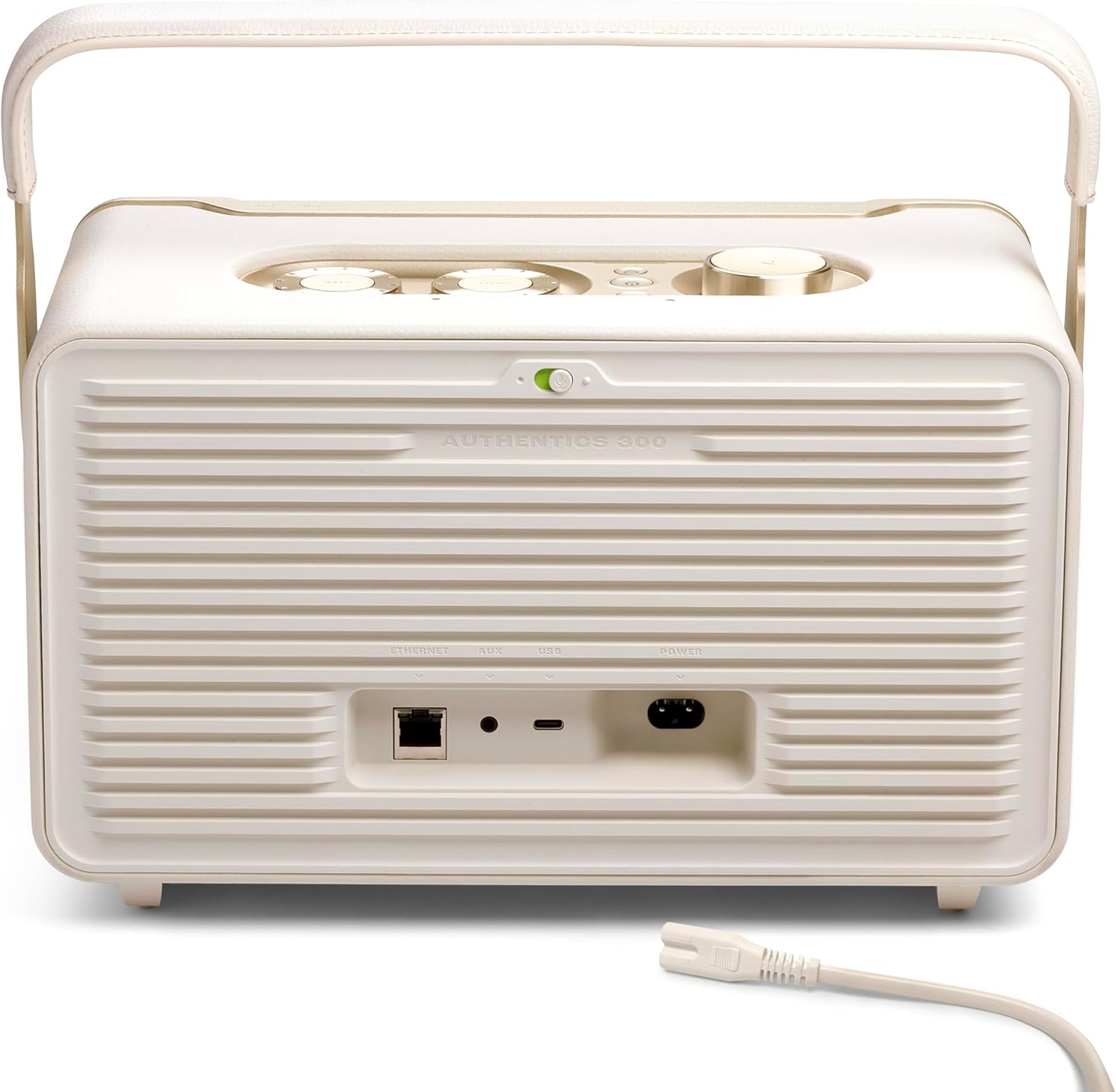 JBL Authentics 300 - Retro Style Wireless Bluetooth/WiFi Home Speaker, Built in Battery (4800mAh), Music Streaming Services via Built-in Wi-Fi, Built in Alexa and Google Assistant (White/Gold)