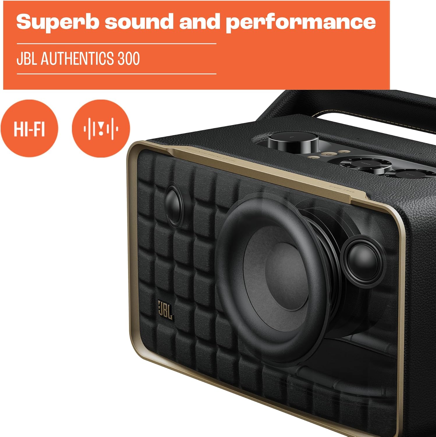 JBL Authentics 300 - Retro Style Wireless Bluetooth/WiFi Home Speaker, Built in Battery (4800mAh), Music Streaming Services via Built-in Wi-Fi, Built in Alexa and Google Assistant (White/Gold)