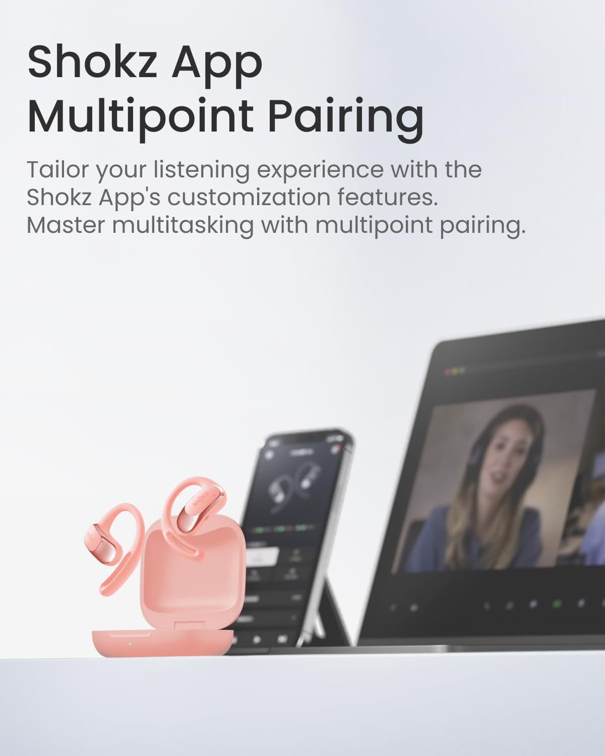 SHOKZ OpenFit Air Open-Ear Headphones, True Wireless Bluetooth Earphones with Microphone, Earbuds with Air Earhook, Fast Charging, 28h Playtime, IP54 Waterproof for Workout - Pink