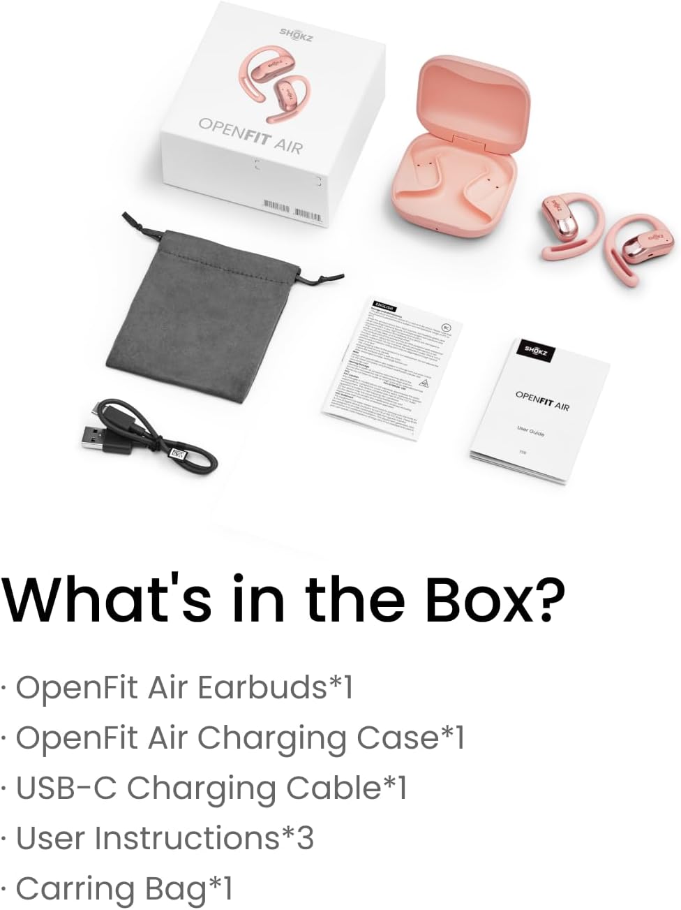 SHOKZ OpenFit Air Open-Ear Headphones, True Wireless Bluetooth Earphones with Microphone, Earbuds with Air Earhook, Fast Charging, 28h Playtime, IP54 Waterproof for Workout - Pink