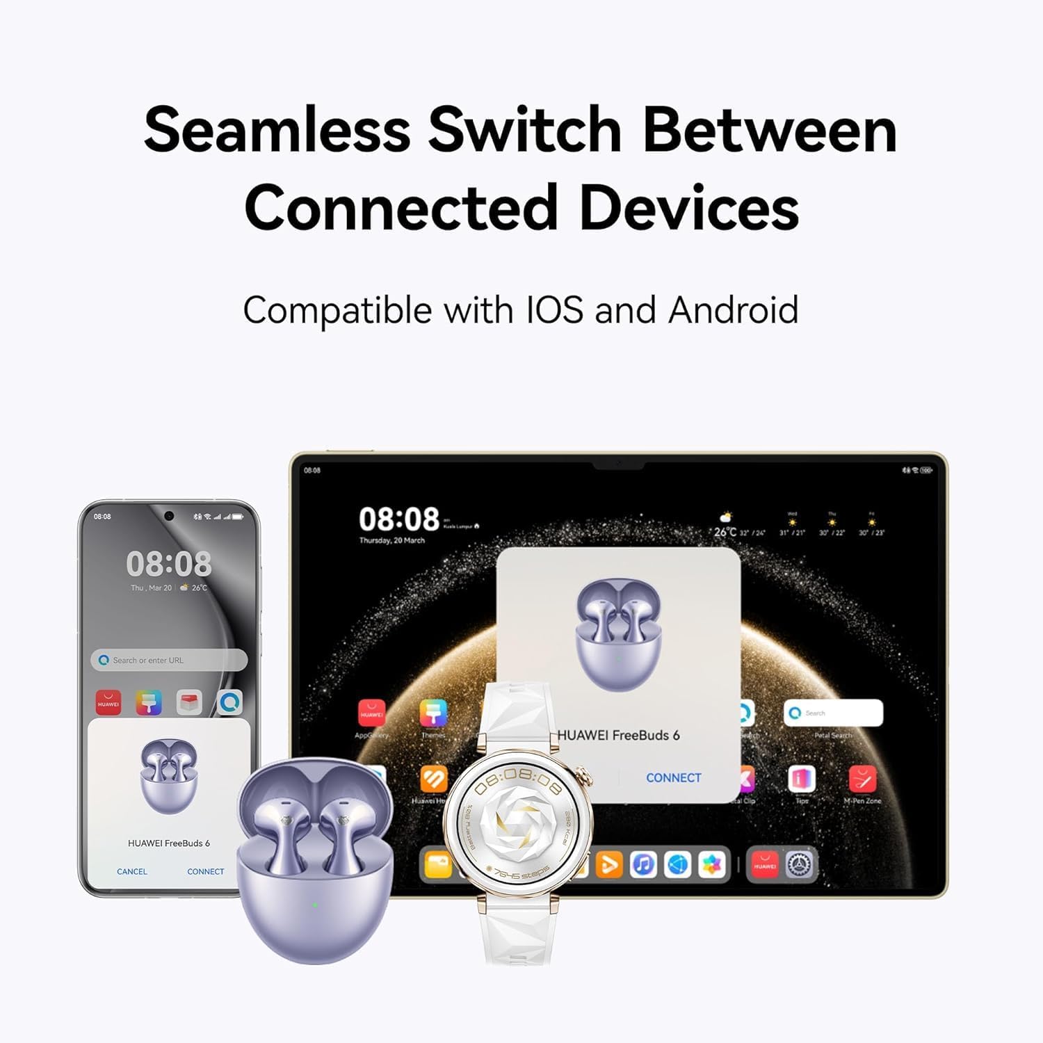 HUAWEI FreeBuds 6 Wireless Earbuds, Ear-fitting Wearing, Dual-driver True Sound, Stable & Clear Calls, Open-fit ANC, 36H Battery Life, IP54 Water-Resistant, iOS & Android, White