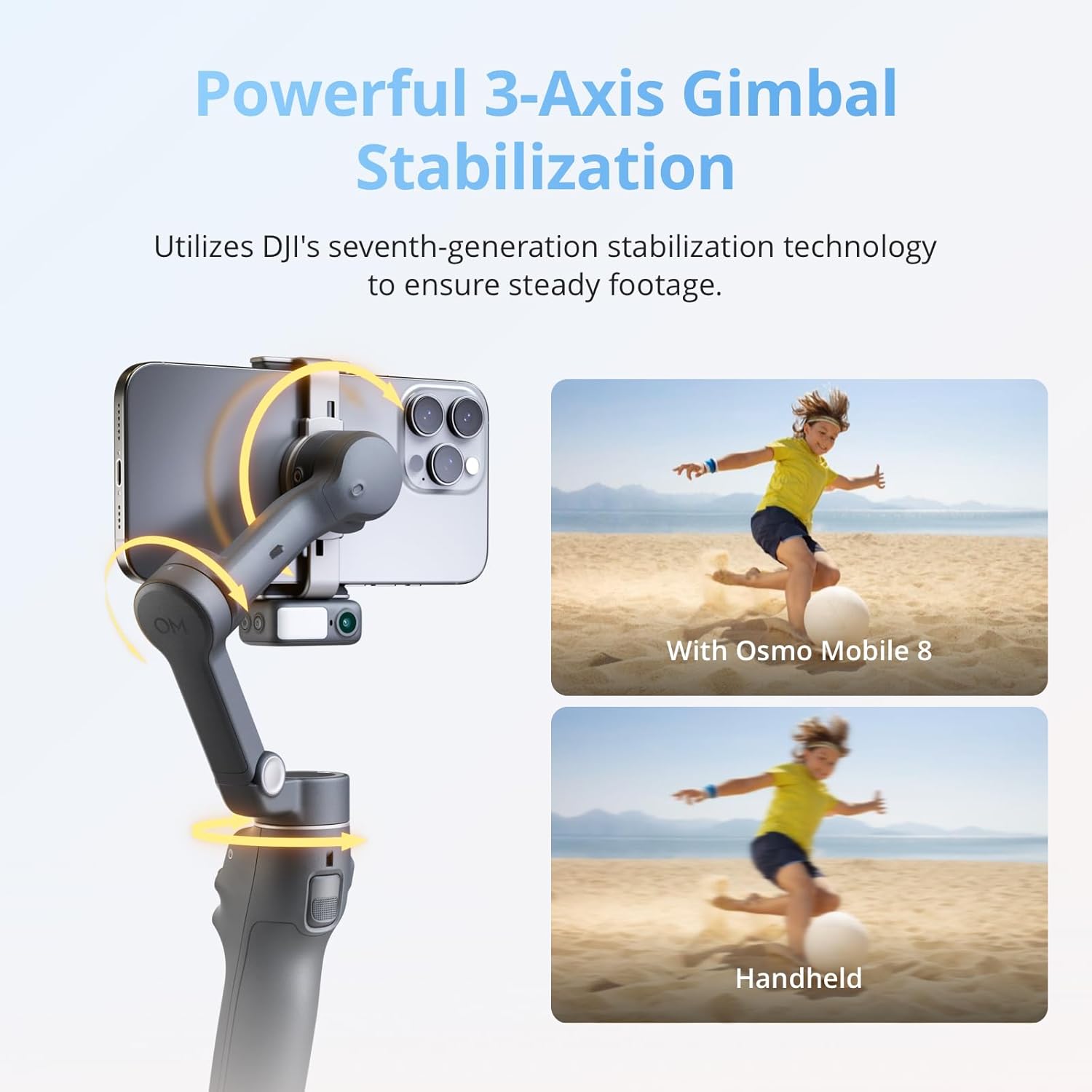 DJI Osmo Mobile 8 Gimbal Stabilizer for Phone, Native Tracking with Audio & Lighting, 360° Pan Rotation, Built-in Extension Rod & Tripod, 10h Battery, Extension Rod, Robust 3-Axis Stabilization