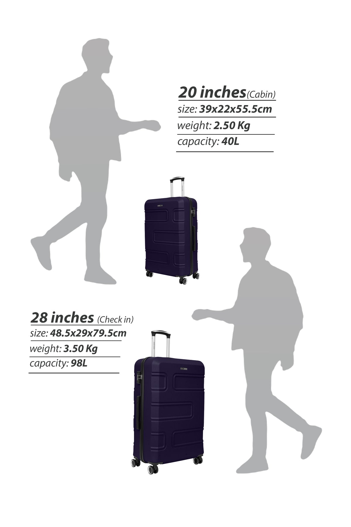 Cabin Size Lightweigh ABS Hardside Spinner Luggage Trolley -20 Inch | Carrying 10KG 4-Wheel Hardshell Suitcase Navy Blue