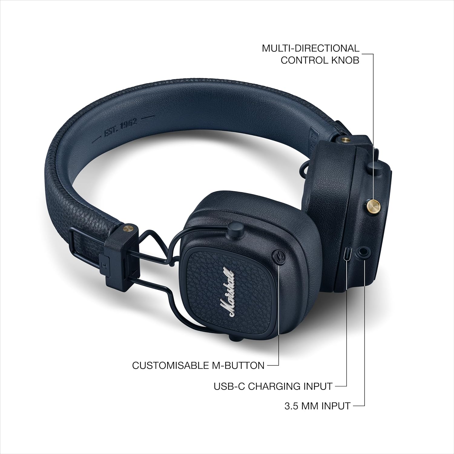 Marshall Major V Bluetooth Headphones - Foldable Bluetooth Wireless Headphones Bluetooth with 100+ Hours of Playtime (Midnight Blue)
