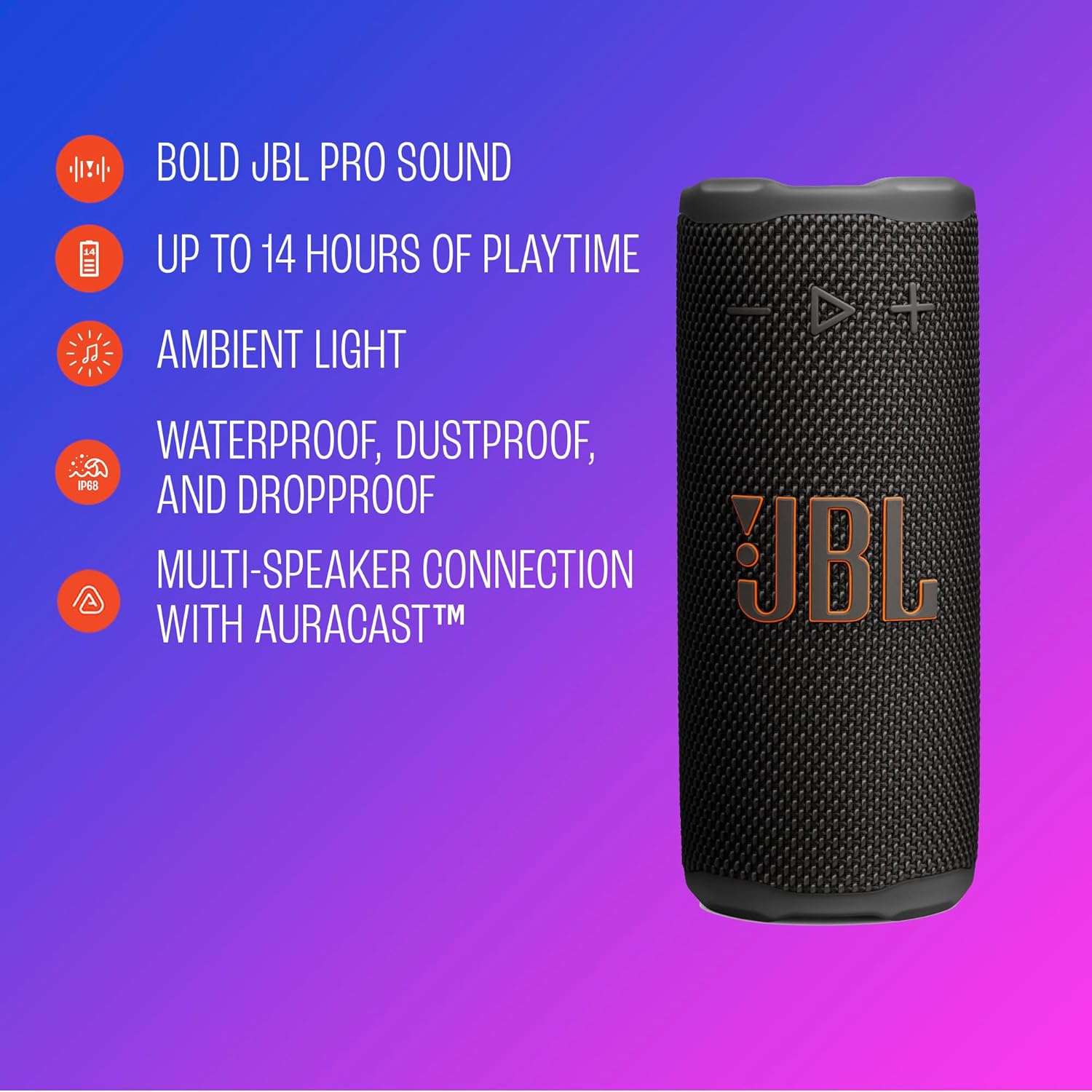 JBL Grip - Compact Bluetooth Speaker with Bold JBL Pro Sound and Ambient Light, up to 14 Hours of Playtime, Water, Dust and Drop-Proof (IP68), & Multi-Speaker Connection with Auracast™ (White)