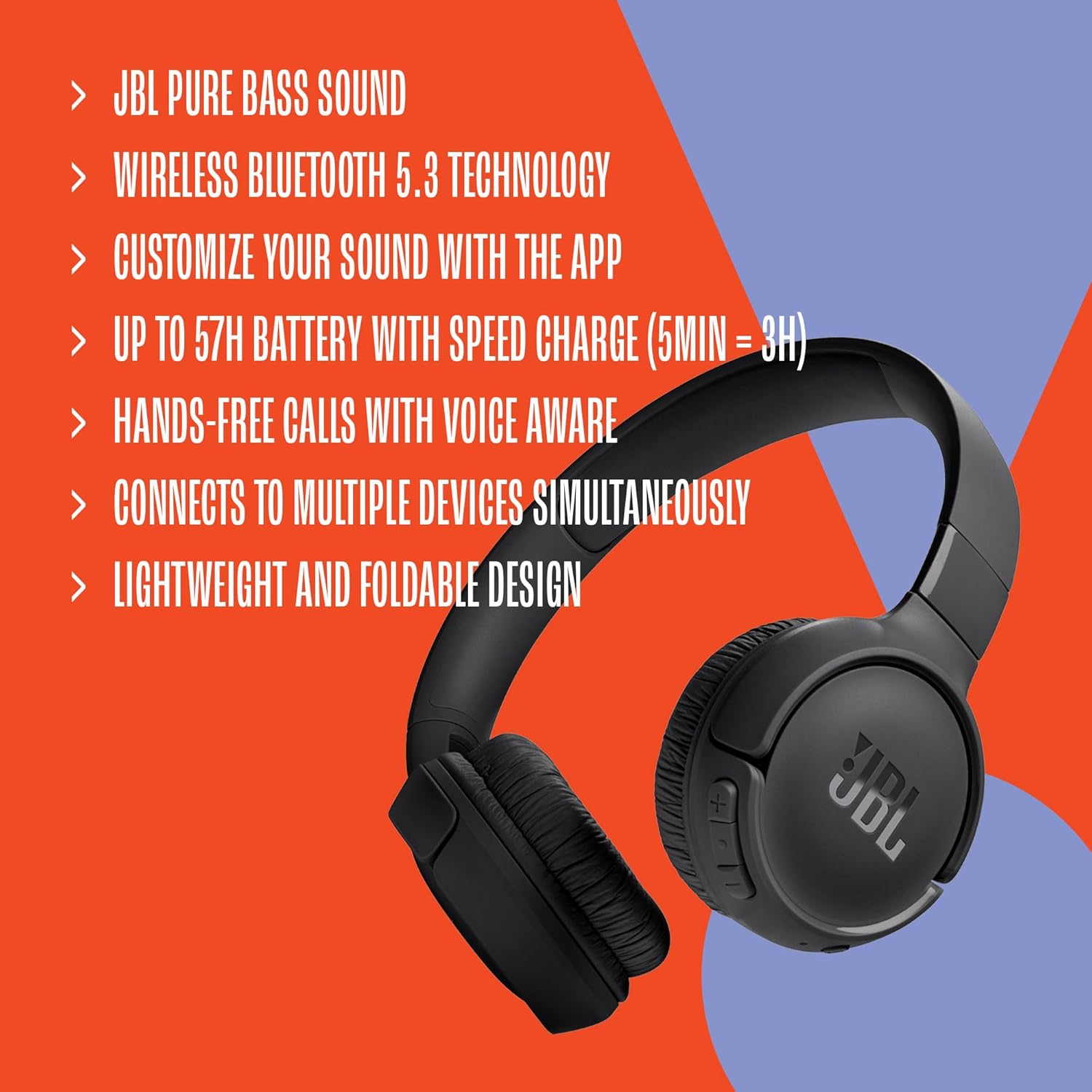 JBL Tune 520BT - Wireless On-Ear Headphones, Up to 57H Battery Life and Speed Charge, Lightweight, Comfortable and Foldable Design, Hands-Free Calls with Voice Aware (White)