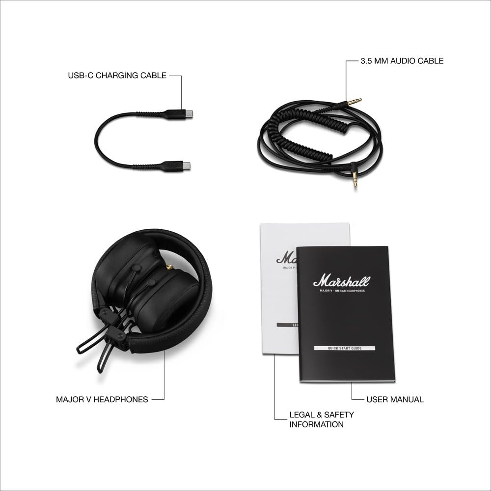 Marshall Major V Bluetooth Headphones - Foldable Bluetooth Wireless Headphones Bluetooth with 100+ Hours of Playtime (Black)