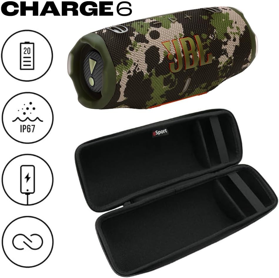JBL Charge 6 Waterproof Portable Speaker Bundle with gSport Carbon Fiber Case (Camo)