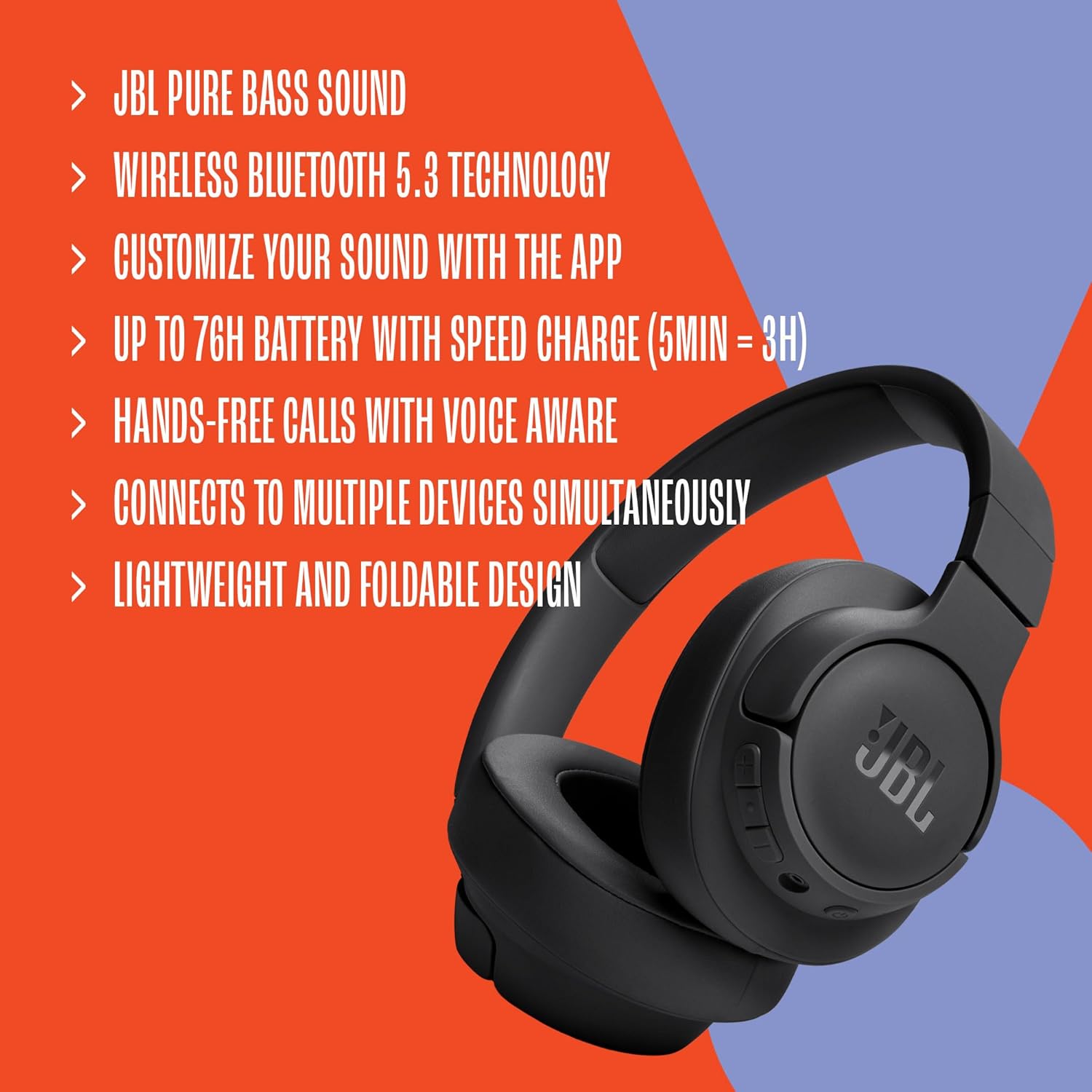 JBL Tune 720BT - Wireless Over-Ear Headphones Pure Bass Sound, Bluetooth 5.3, Up to 76H Battery Life and Speed Charge, Lightweight, Comfortable and Foldable Design (Black)