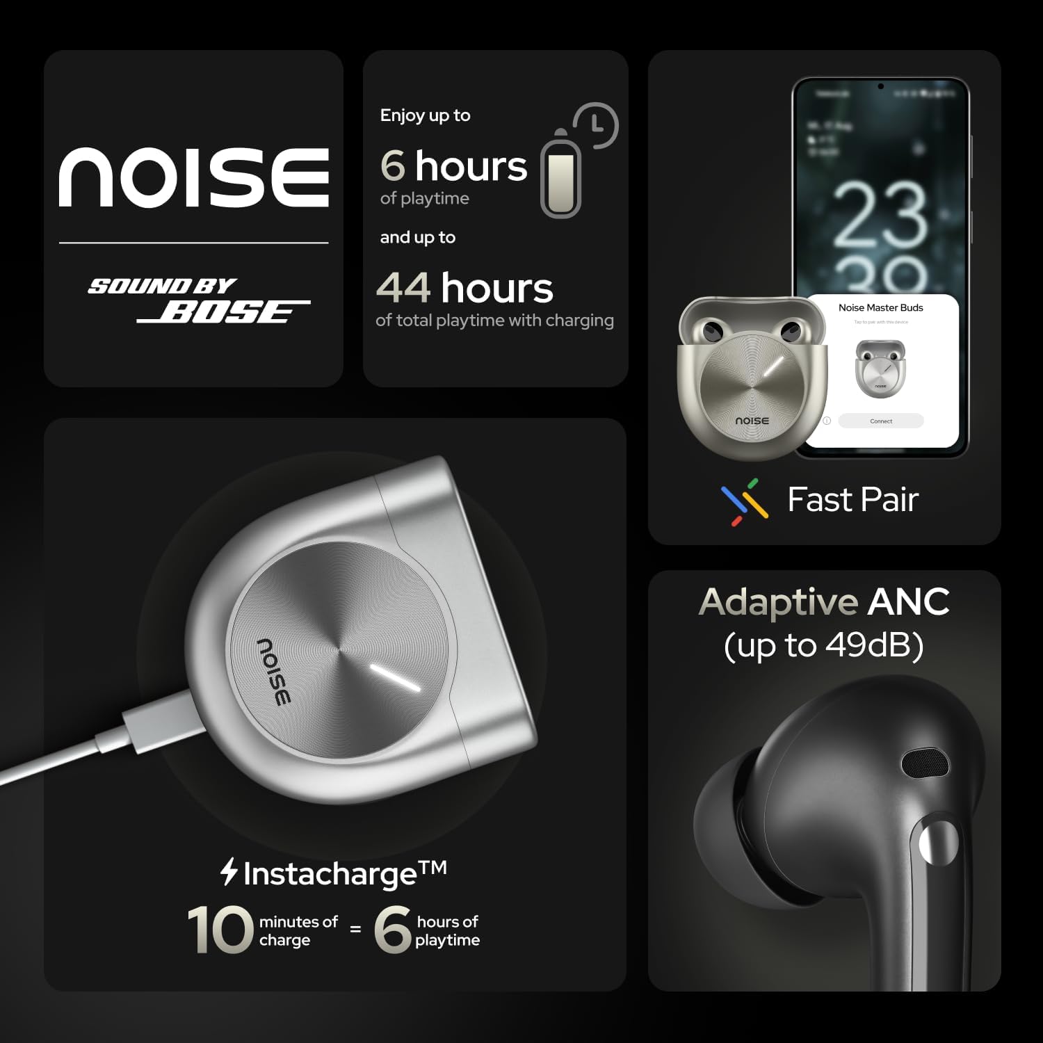 Noise Master Buds, Sound by Bose in-Ear Bluetooth Earbuds, Up to 49dB Adaptive ANC, LHDC 5.0, Immersive Spatial Audio, 44H Playtime with 6 mic ENC, Dual Pairing, IPX5 Ear Buds TWS (Titanium)