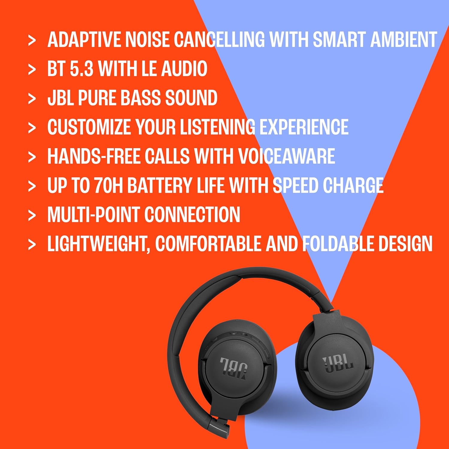JBL TUNE 770NC - Adaptive Noise Cancelling with Smart Ambient Wireless Over-Ear Headphones, Bluetooth 5.3, Up to 70H battery life with speed charge, Lightweight, comfortable & foldable design (Blue)