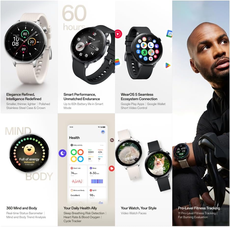 OnePlus Watch 3 Smart Watch, 43mm Stainless Steel Case, Up to 60 Hours Battery, Over 100 Sports Modes, IP68 and 5ATM Health Check Fitness Watch, Black Steel