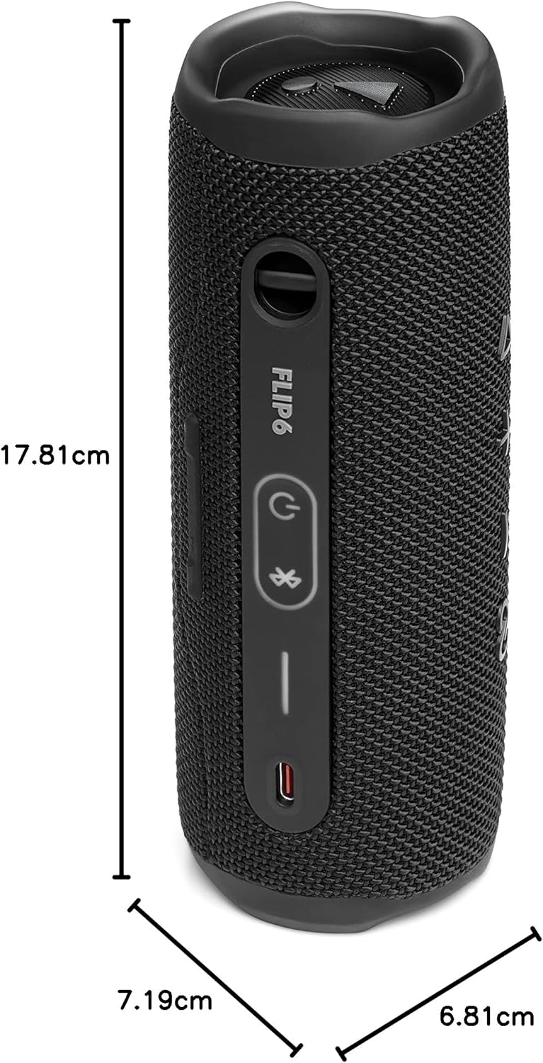 JBL Flip 6 Portable IP67 Waterproof Speaker with Bold Original Pro Sound, 2-Way Speaker, Powerful Sound and Deep Bass, 12 Hours Battery, Safe USB-C Charging Protection - Black, JBLFLIP6BLK