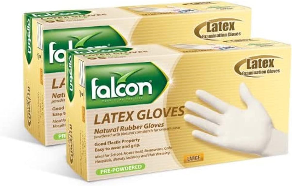 Falcon Latex Gloves With Powder, Pre-powdered, Large (2 Packs x 100 Pieces)