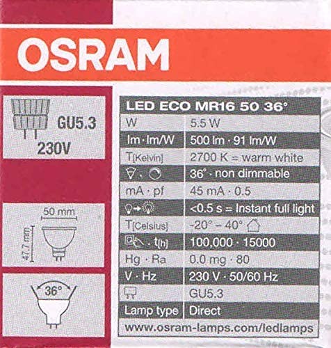 Osram LED ECO MR16 Spotlight GU5.3 Warm White 2700k - Pack of 10