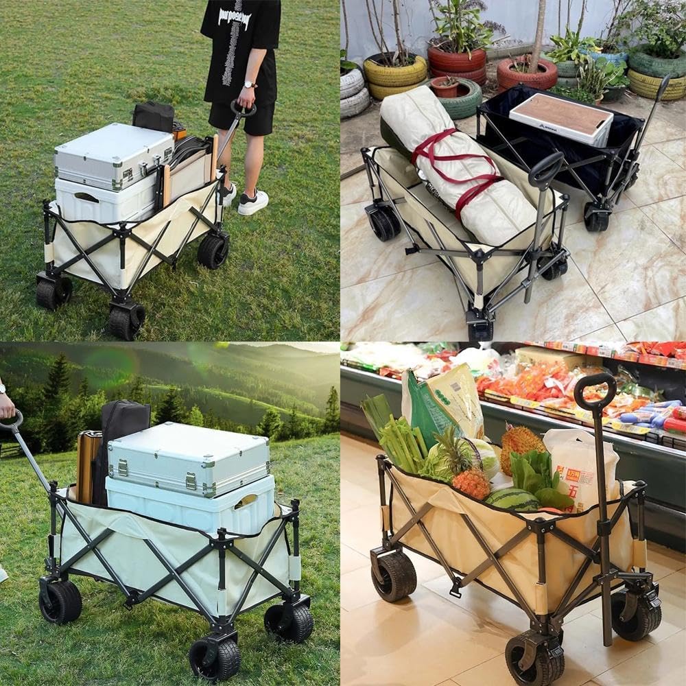 HEXAR Heavy Duty Shopping Trolley Collapsible Utility Cart Beach Wagon 360° Wheels & Adjustable Handle, 150Kg Capacity Foldable Grocery Cart for Garden Patio Outdoor Camping Picnic