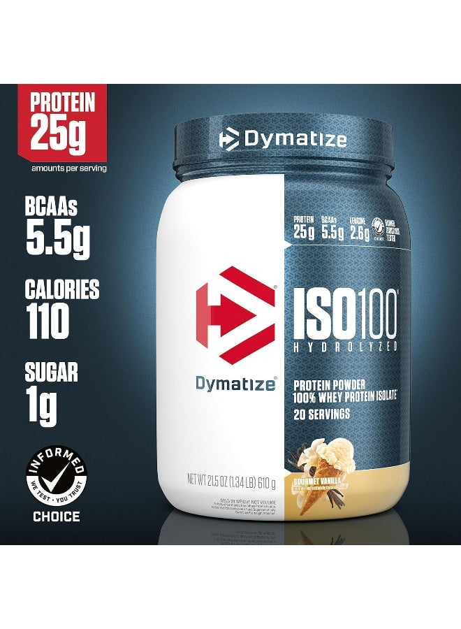Dymatize ISO100 Hydrolyzed Protein Powder, 100% Whey Isolate, 25g of Protein, 5.5g BCAAs, Gluten Free, Fast Absorbing, Easy Digesting, Gourmet Vanilla, 20 Servings