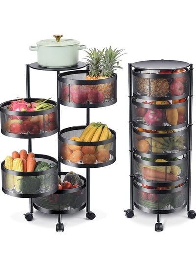 Multi-Layer Kitchen Storage Shelf Rotatable Steel Rack 4 Movable Wheels Fruit Vegetable Snack Organizer Stand Black 90cm