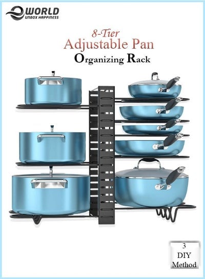 Adjustable 8-Tier Pots and Pan organizer, Anti Slip Rack with 3 DIY methods for kitchen counter and Cabinets