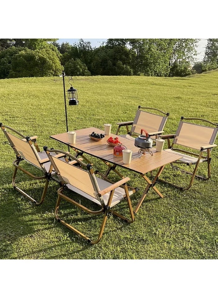 Camping Outdoor Set with Foldable 4 Pieces Chair and Aluminum Roll Up  Foldable 120*60cm Table with Carrying Bag Lightweight Suitable for Outdoor Activities